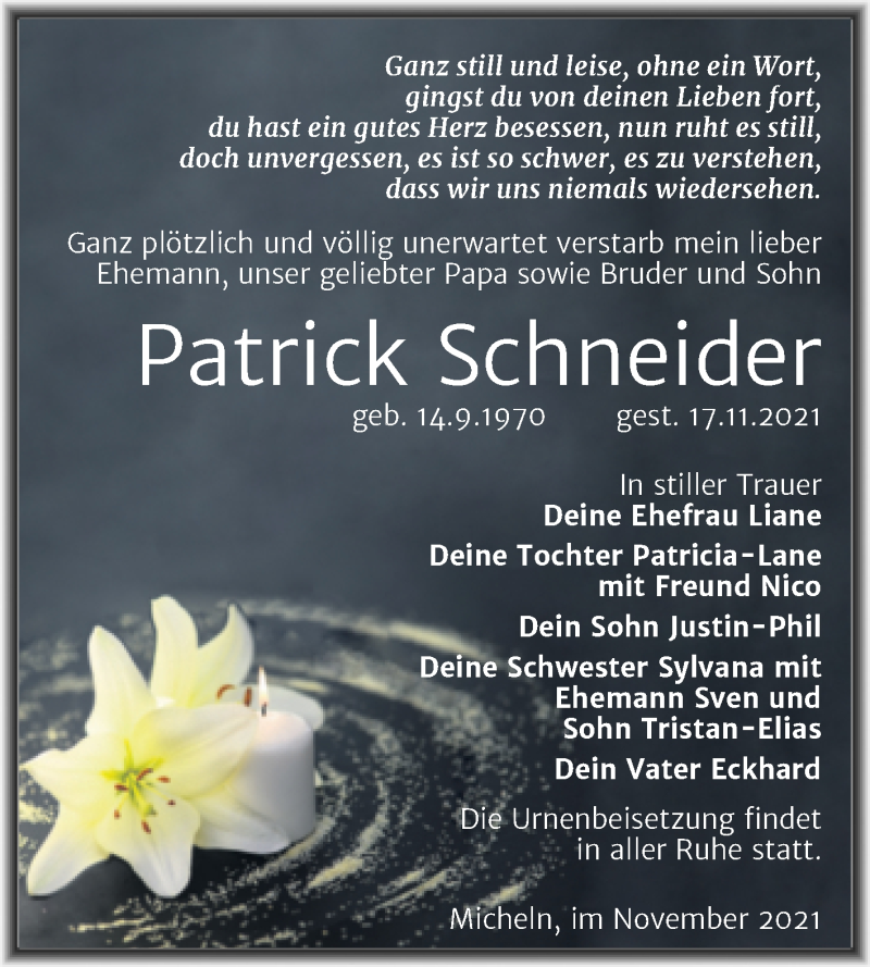  Traueranzeige für Patrick Schneider vom 24.11.2021 aus Trauerkombi Dessau