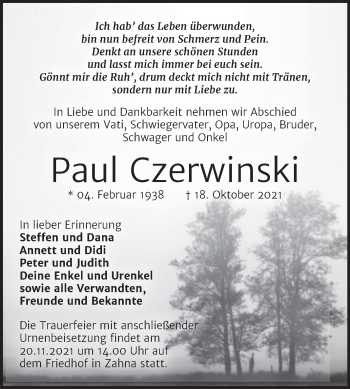 Traueranzeige von Paul Czerwinski von Trauerkombi Wittenberg