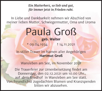 Traueranzeige von Paula Groß von Trauerkombi Mansfelder Land