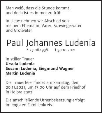 Traueranzeige von Paul Johannes Ludenia von Trauerkombi Mansfelder Land