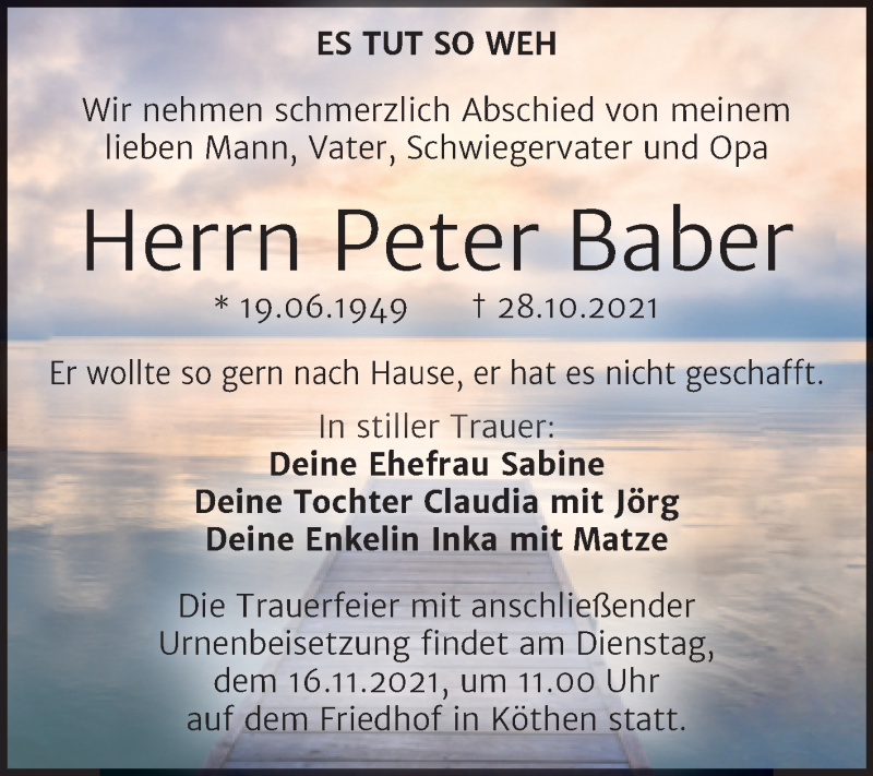  Traueranzeige für Peter Baber vom 05.11.2021 aus Trauerkombi Köthen