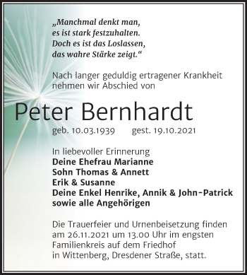 Traueranzeige von Peter Bernhardt von Trauerkombi Wittenberg