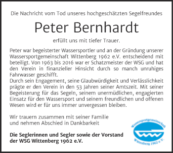 Traueranzeige von Peter Bernhardt von Super Sonntag Wittenberg