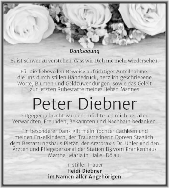 Traueranzeige von Peter Diebner von Trauerkombi Bitterfeld
