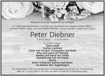 Traueranzeige von Peter Diebner von Trauerkombi Bitterfeld