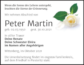 Traueranzeige von Peter Martin von Trauerkombi Wittenberg