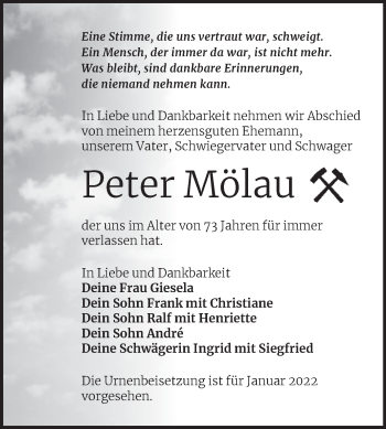 Traueranzeige von Peter Mölau von Trauerkombi Bitterfeld