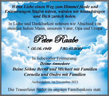 Traueranzeige von Peter Raabe von Trauerkombi Aschersleben