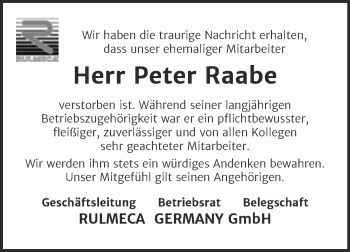 Traueranzeige von Peter Raabe von Super Sonntag Aschersleben