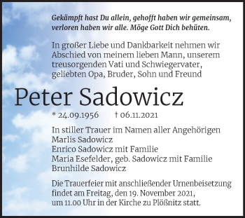 Traueranzeige von Peter Sadowicz von Mitteldeutsche Zeitung Halle/Saalkreis