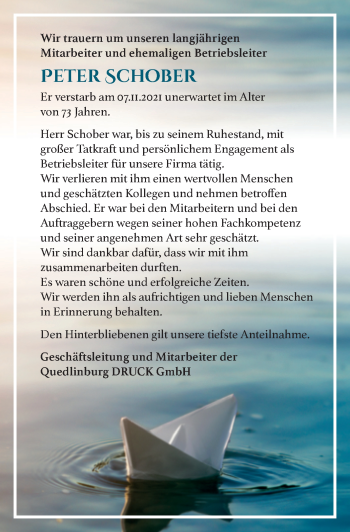 Traueranzeige von Peter Schober von Mitteldeutsche Zeitung Quedlingburg