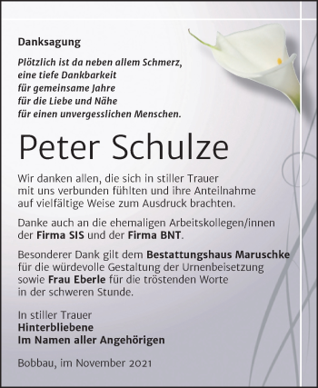 Traueranzeige von Peter Schulze von Trauerkombi Bitterfeld