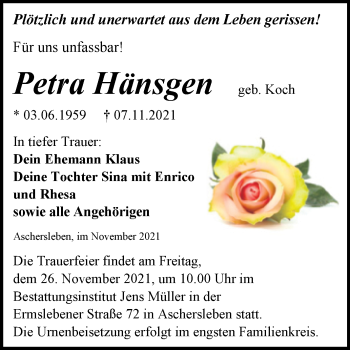 Traueranzeige von Petra Hänsgen von Trauerkombi Aschersleben