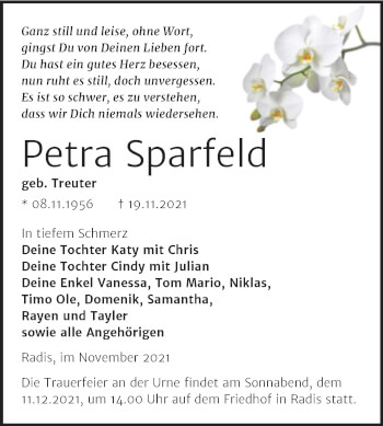 Traueranzeige von Petra Sparfeld von Trauerkombi Wittenberg