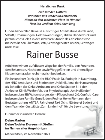 Traueranzeige von Rainer Busse von Trauerkombi Weißenfels