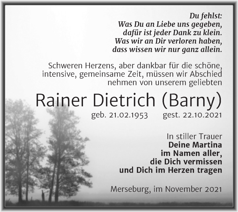 Traueranzeige für Rainer Dietrich vom 06.11.2021 aus Trauerkombi Merseburg
