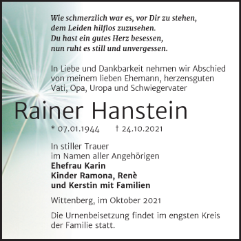 Traueranzeige von Rainer Hanstein von Trauerkombi Wittenberg