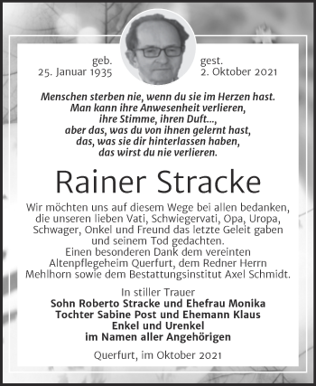 Traueranzeige von Rainer Stracke von Trauerkombi Merseburg
