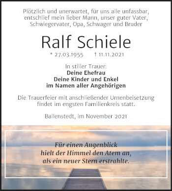 Traueranzeige von Ralf Schiele von Trauerkombi Quedlinburg