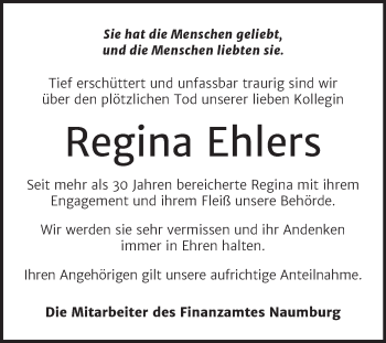 Traueranzeige von Regina Ehlers von Super Sonntag Zeitz