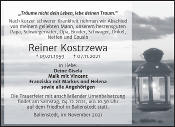 Traueranzeige von Reiner Kostrzewa von Trauerkombi Quedlinburg