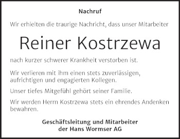Traueranzeige von Reiner Kostrzewa von Super Sonntag Bernburg