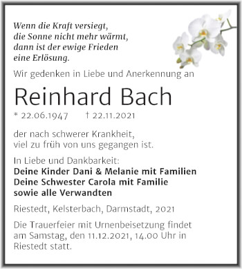 Traueranzeige von Reinhard Bach von Trauerkombi Sangerhausen