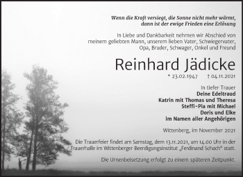 Traueranzeige von Reinhard Jädicke von Trauerkombi Wittenberg