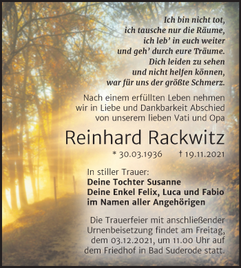 Traueranzeige von Reinhard Rackwitz von Trauerkombi Quedlinburg