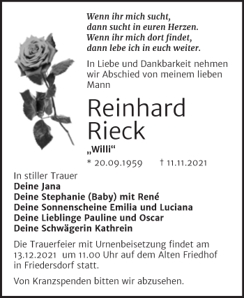 Traueranzeige von Reinhard Rieck von Trauerkombi Bitterfeld