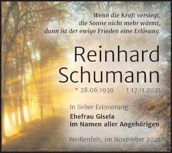Traueranzeige von Reinhard Schumann von Trauerkombi Weißenfels