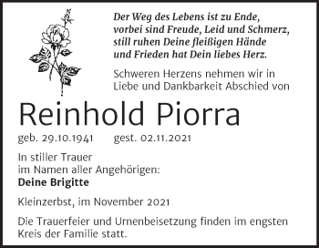 Traueranzeige von Reinhold Piorra von Trauerkombi Wittenberg