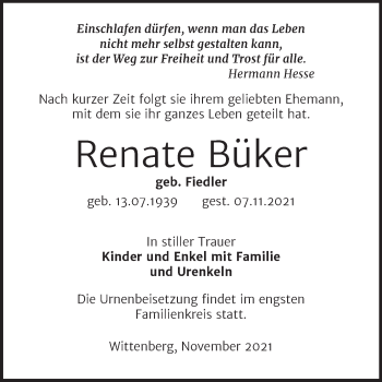 Traueranzeige von Renate Büker von Trauerkombi Wittenberg