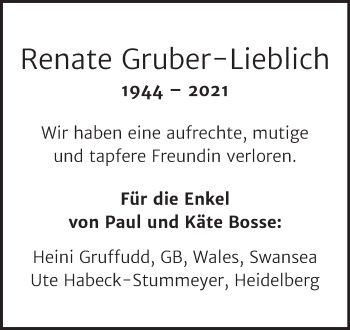 Traueranzeige von Renate Gruber-Lieblich von Mitteldeutsche Zeitung
