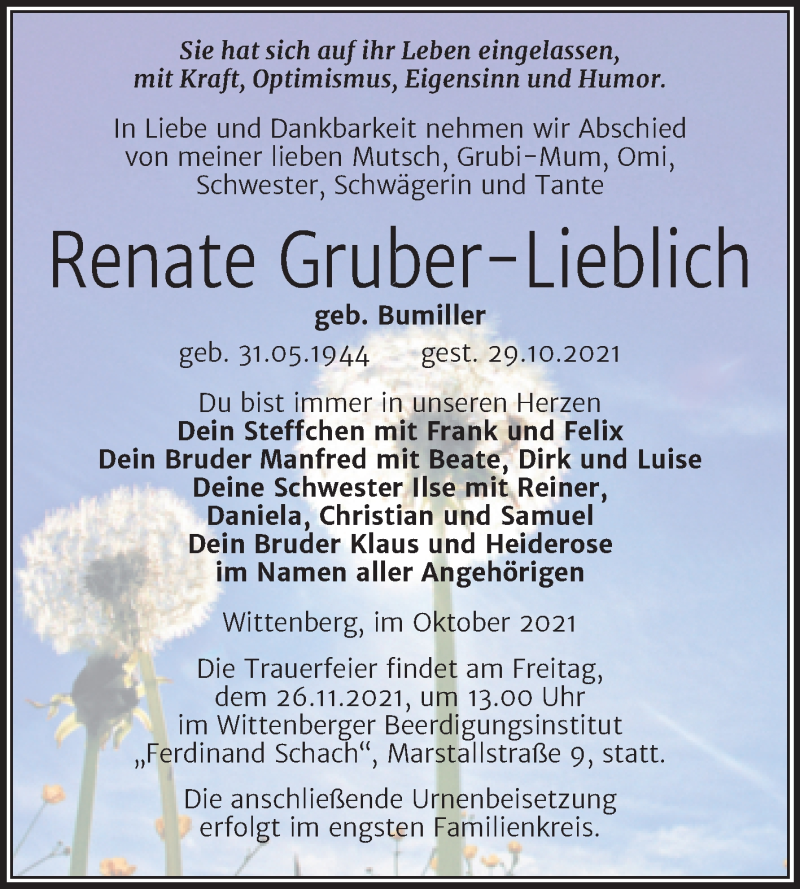  Traueranzeige für Renate Gruber-Lieblich vom 06.11.2021 aus Trauerkombi Wittenberg
