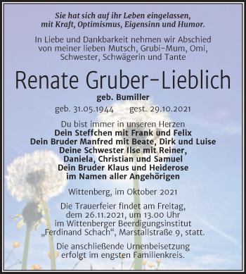 Traueranzeige von Renate Gruber-Lieblich von Trauerkombi Wittenberg