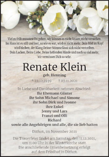 Traueranzeige von Renate Klein von Trauerkombi Quedlinburg