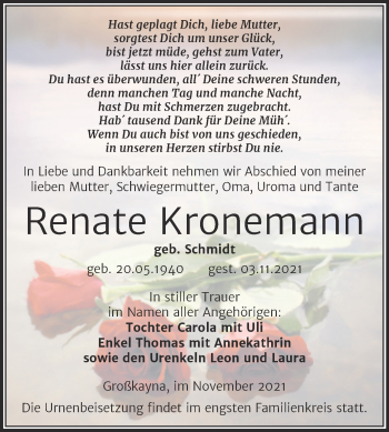 Traueranzeige von Renate Kronemann von Trauerkombi Merseburg