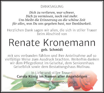 Traueranzeige von Renate Kronemann von Trauerkombi Merseburg