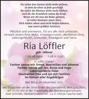 Traueranzeige von Ria Löffler von Wochenspiegel Naumburg/Nebra