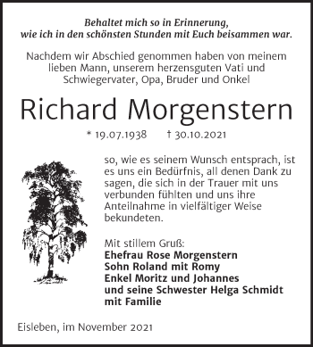 Traueranzeige von Richard Morgenstern von Trauerkombi Mansfelder Land