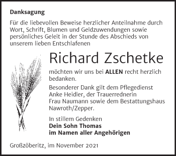 Traueranzeige von Richard Zschetke von Trauerkombi Bitterfeld