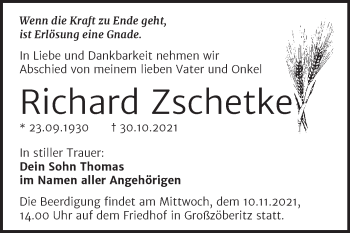 Traueranzeige von Richard Zschetke von Mitteldeutsche Zeitung Bitterfeld