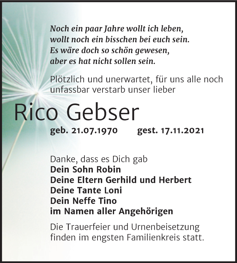  Traueranzeige für Rico Gebser vom 25.11.2021 aus Trauerkombi Sangerhausen