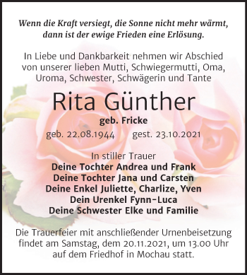 Traueranzeige von Rita Günther von Trauerkombi Wittenberg