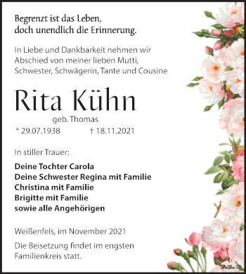 Traueranzeige von Rita Kühn von Trauerkombi Weißenfels