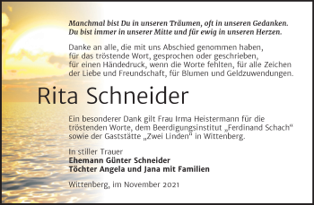 Traueranzeige von Rita Schneider von Trauerkombi Wittenberg