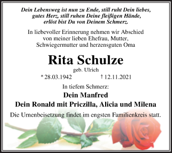 Traueranzeige von Rita Schulze von Trauerkombi Wittenberg
