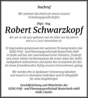 Traueranzeige von Robert Schwarzkopf von Mitteldeutsche Zeitung Halle/Saalkreis