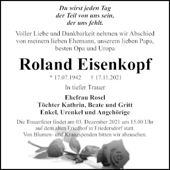 Traueranzeige von Roland Eisenkopf von Trauerkombi Bitterfeld